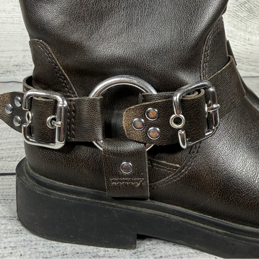 Zara Girls Distressed Motto Biker Dark Brown Buckle Harness Zippered Boots Sz 33 - Picture 6 of 11